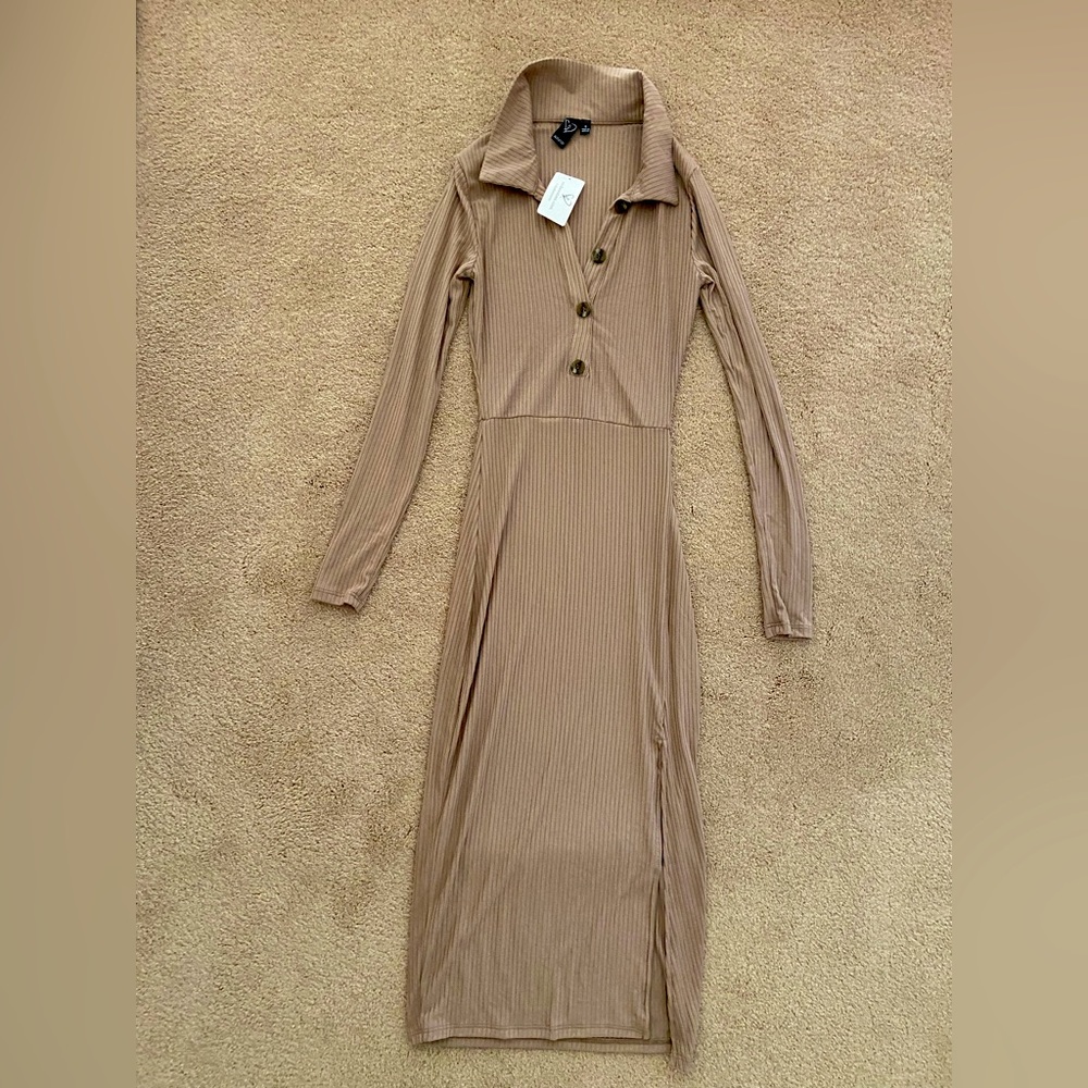 Beige Bodycon Ribbed Dress with Buttons